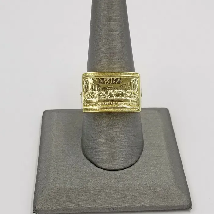Gold and Diamond Rings REAL 10k Yellow Gold Last Supper Ring Cross Design Mens Ring Size 10 Sizable Gold and Diamond Rings REAL 10k Yellow Gold Last Supper Ring Cross Design Mens Ring Size 10 Sizable