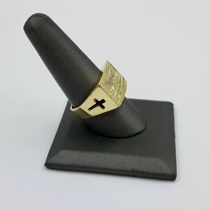 Gold and Diamond Rings REAL 10k Yellow Gold Last Supper Ring Cross Design Mens Ring Size 10 Sizable