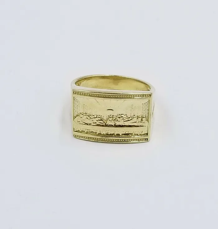 Gold and Diamond Rings REAL 10k Yellow Gold Last Supper Ring Cross Design Mens Ring Size 10 Sizable