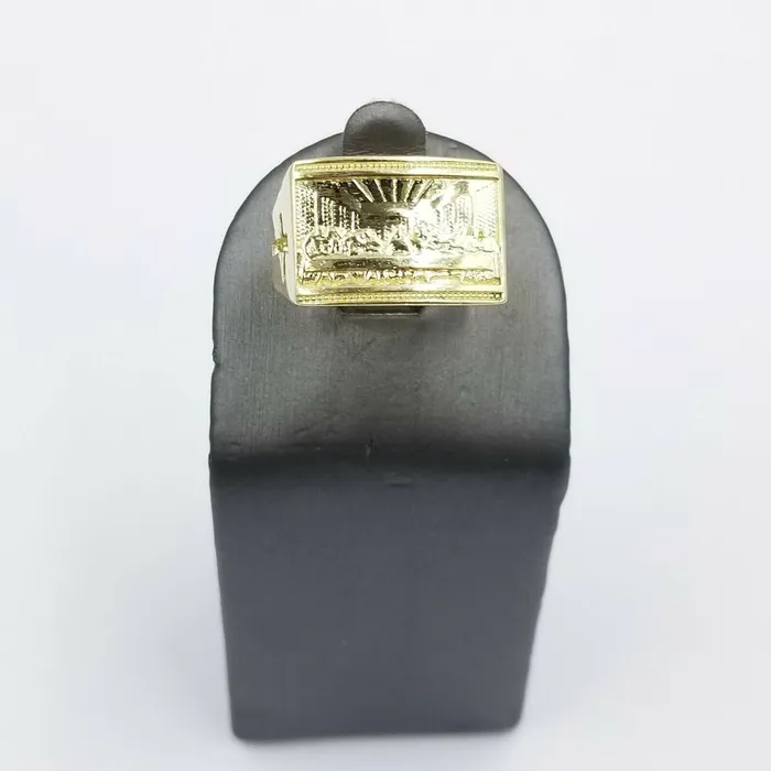 Gold and Diamond Rings REAL 10k Yellow Gold Last Supper Ring Cross Design Mens Ring Size 10 Sizable