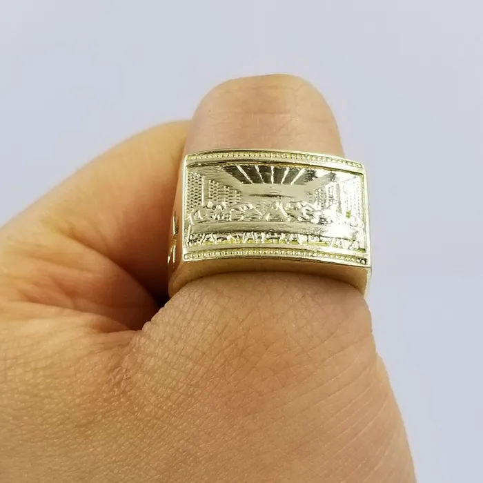 Gold and Diamond Rings REAL 10k Yellow Gold Last Supper Ring Cross Design Mens Ring Size 10 Sizable