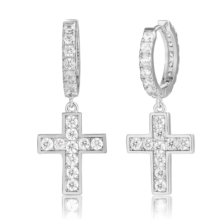 KRKC Earrings The Valor 925 Sterling Silver Diamond Hoop Earrings with Diamond Hanging Cross