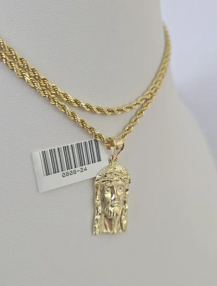 Necklaces 10k 25mm Rope Chain Jesus Head Pendant 1830 Yellow Gold Set Charm Necklace Gold and Diamond