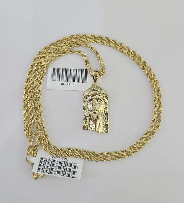 Necklaces 10k 25mm Rope Chain Jesus Head Pendant 1830 Yellow Gold Set Charm Necklace Gold and Diamond