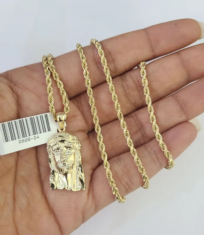 Necklaces 10k 25mm Rope Chain Jesus Head Pendant 1830 Yellow Gold Set Charm Necklace Gold and Diamond
