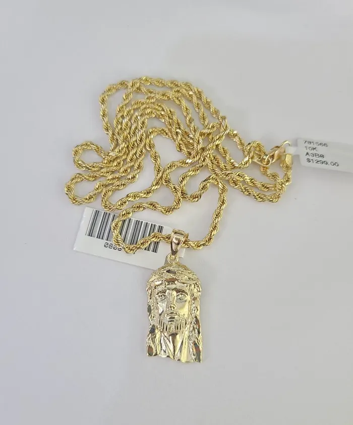 Necklaces 10k 25mm Rope Chain Jesus Head Pendant 1830 Yellow Gold Set Charm Necklace Gold and Diamond