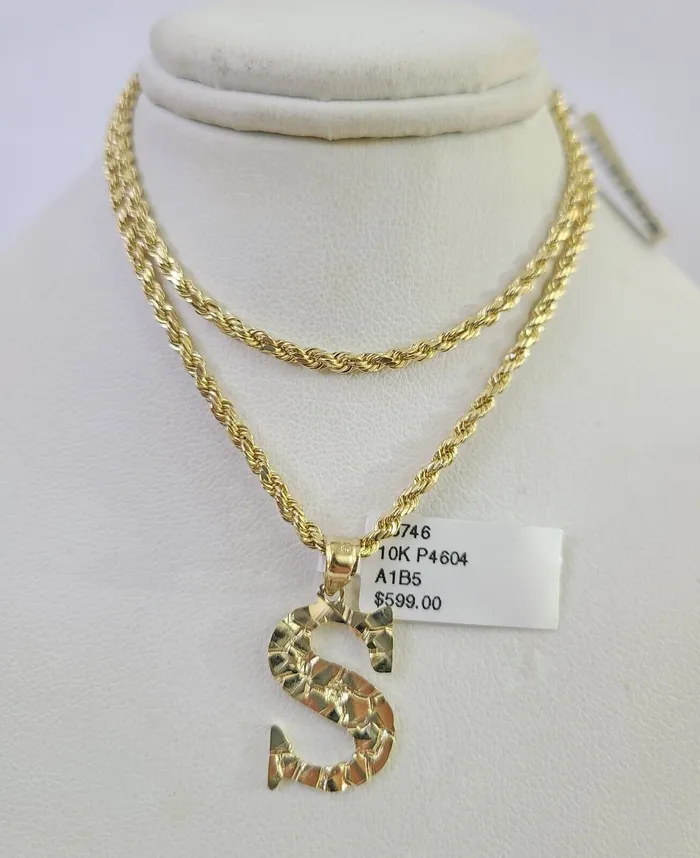 Necklaces 10k Gold Initial S Charm Rope Chain 1626 25mm SET Necklace Alphabet Pendant Gold and Diamond Necklaces 10k Gold Initial S Charm Rope Chain 1626 25mm SET Necklace Alphabet Pendant Gold and Diamond