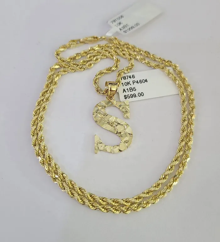 Necklaces 10k Gold Initial S Charm Rope Chain 1626 25mm SET Necklace Alphabet Pendant Gold and Diamond