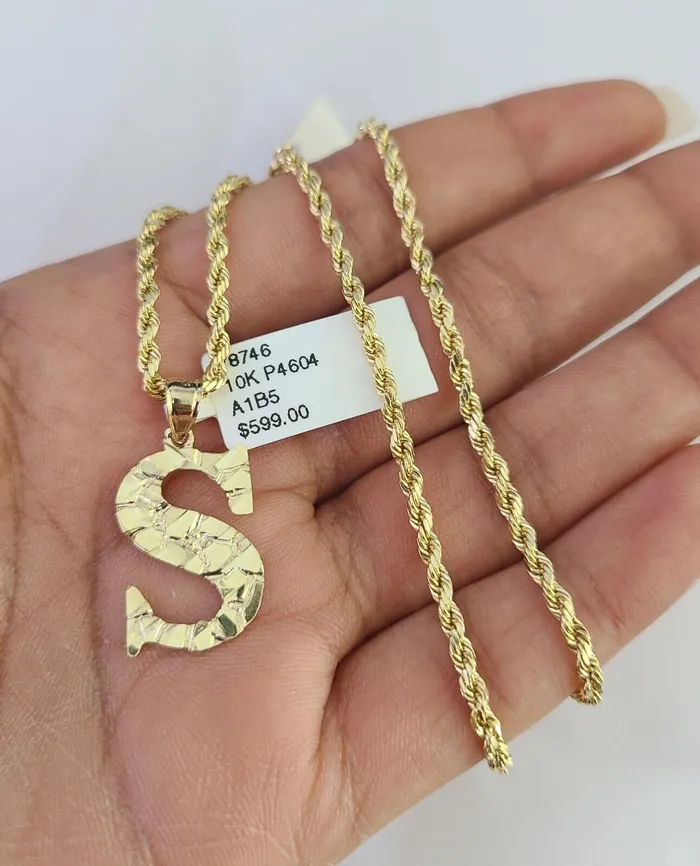 Necklaces 10k Gold Initial S Charm Rope Chain 1626 25mm SET Necklace Alphabet Pendant Gold and Diamond