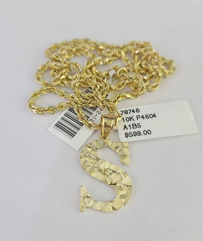 Necklaces 10k Gold Initial S Charm Rope Chain 1626 25mm SET Necklace Alphabet Pendant Gold and Diamond
