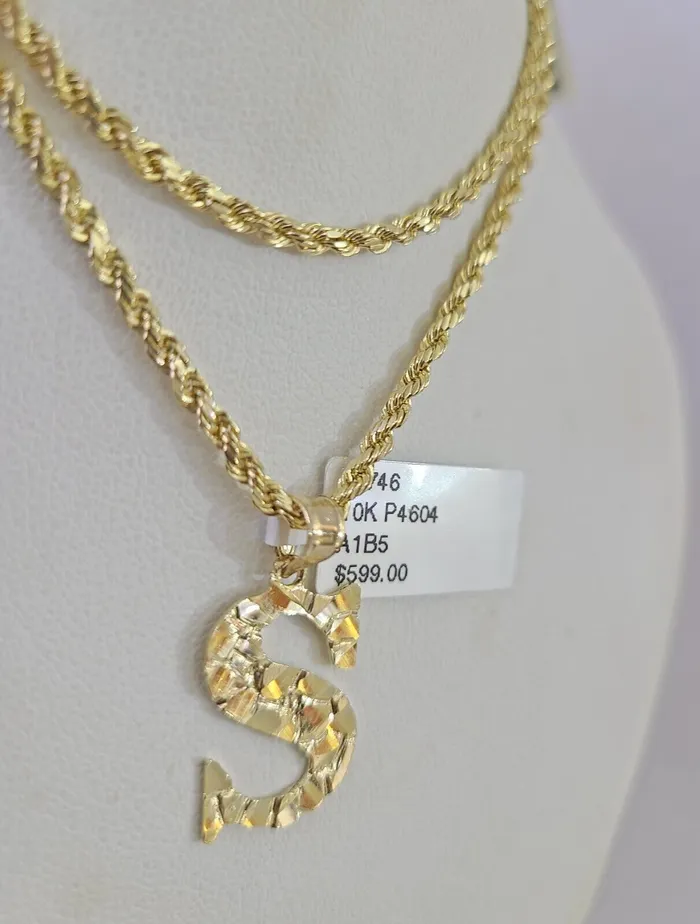 Necklaces 10k Gold Initial S Charm Rope Chain 1626 25mm SET Necklace Alphabet Pendant Gold and Diamond