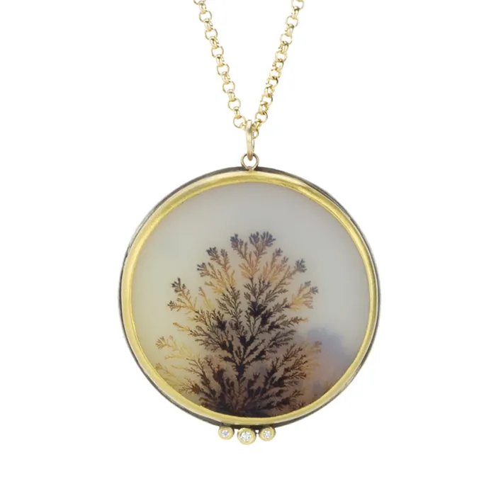 Necklaces Ananda Khalsa Round Dendritic Agate Necklace with Diamonds