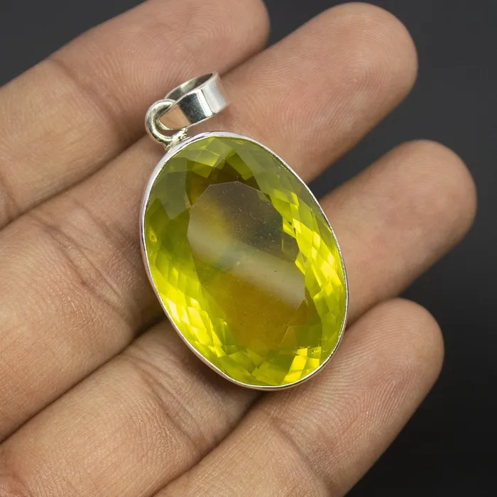 Necklaces Beads Supplies USA 165g Totally Handmade Natural Lemon Quartz Oval Shape 925 Sterling Silver Bezel Pendant