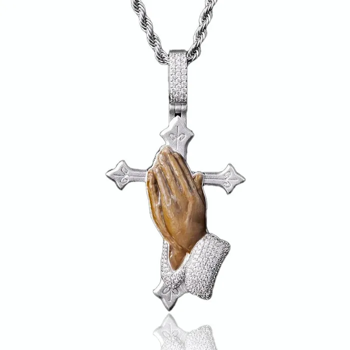 Necklaces Bling Proud Custom Enamel Praying Hands Pendant in 925 Sterling Silver Necklaces Bling Proud Custom Enamel Praying Hands Pendant in 925 Sterling Silver