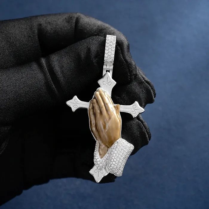 Necklaces Bling Proud Custom Enamel Praying Hands Pendant in 925 Sterling Silver