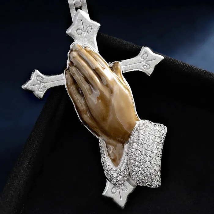 Necklaces Bling Proud Custom Enamel Praying Hands Pendant in 925 Sterling Silver