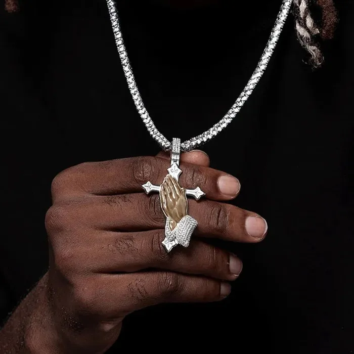 Necklaces Bling Proud Custom Enamel Praying Hands Pendant in 925 Sterling Silver