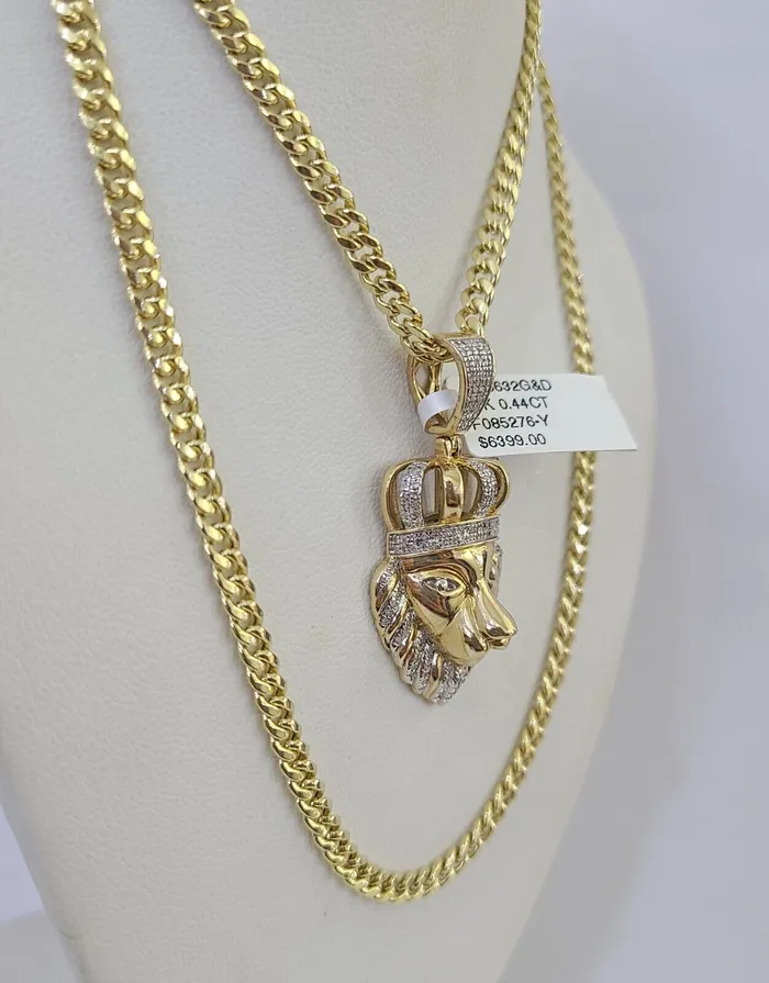 Necklaces Gold and Diamond 10k Miami Cuban Chain Lion Charm Diamond Set 45mm 2028 Necklace Gold