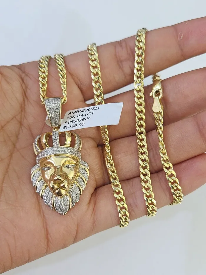 Necklaces Gold and Diamond 10k Miami Cuban Chain Lion Charm Diamond Set 45mm 2028 Necklace Gold
