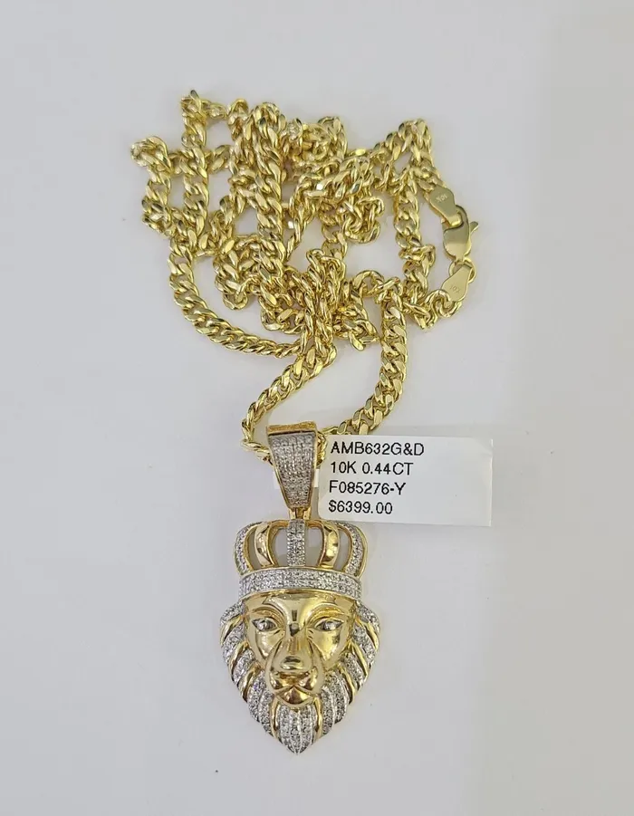 Necklaces Gold and Diamond 10k Miami Cuban Chain Lion Charm Diamond Set 45mm 2028 Necklace Gold