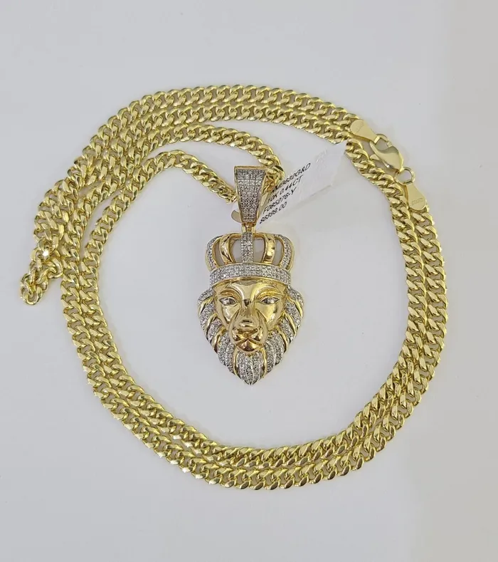 Necklaces Gold and Diamond 10k Miami Cuban Chain Lion Charm Diamond Set 45mm 2028 Necklace Gold