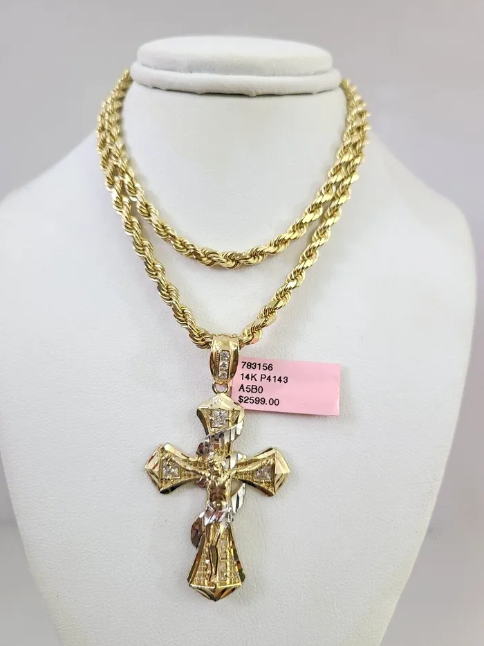Necklaces Gold and Diamond Real 14k Solid Rope Chain Spiral Cross Charm Gold Set 4mm 1830 Necklace Necklaces Gold and Diamond Real 14k Solid Rope Chain Spiral Cross Charm Gold Set 4mm 1830 Necklace