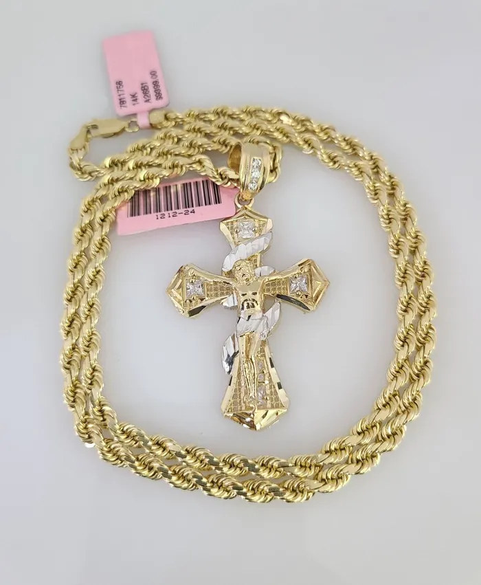 Necklaces Gold and Diamond Real 14k Solid Rope Chain Spiral Cross Charm Gold Set 4mm 1830 Necklace