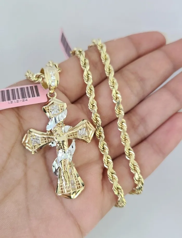 Necklaces Gold and Diamond Real 14k Solid Rope Chain Spiral Cross Charm Gold Set 4mm 1830 Necklace