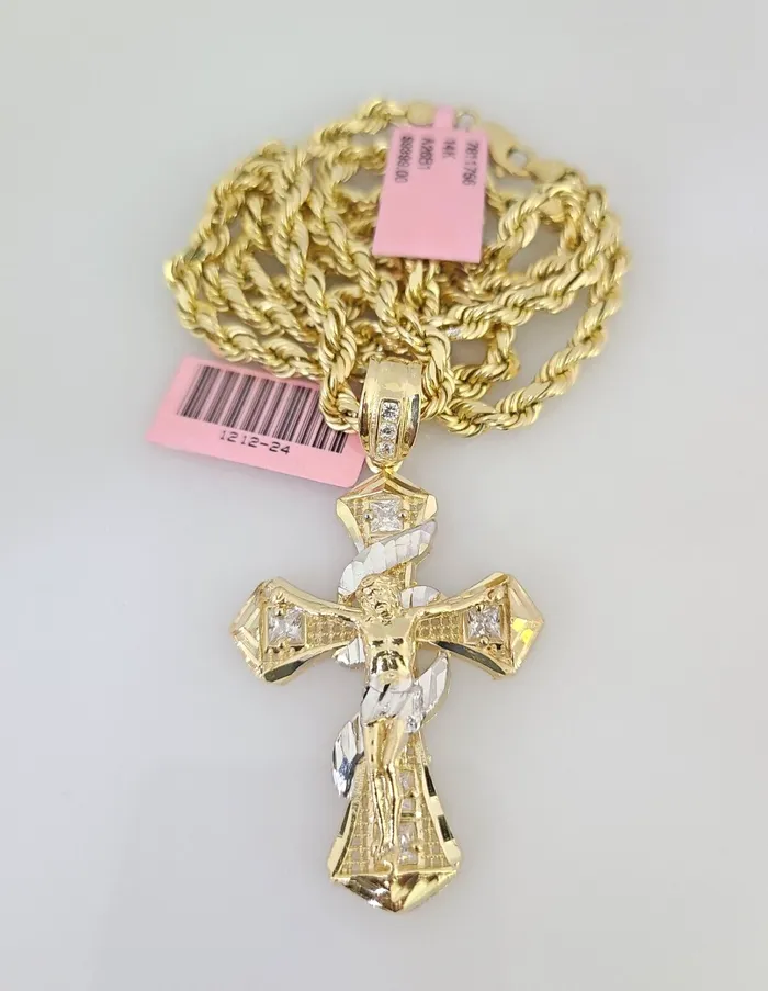 Necklaces Gold and Diamond Real 14k Solid Rope Chain Spiral Cross Charm Gold Set 4mm 1830 Necklace
