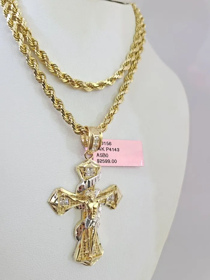 Necklaces Gold and Diamond Real 14k Solid Rope Chain Spiral Cross Charm Gold Set 4mm 1830 Necklace