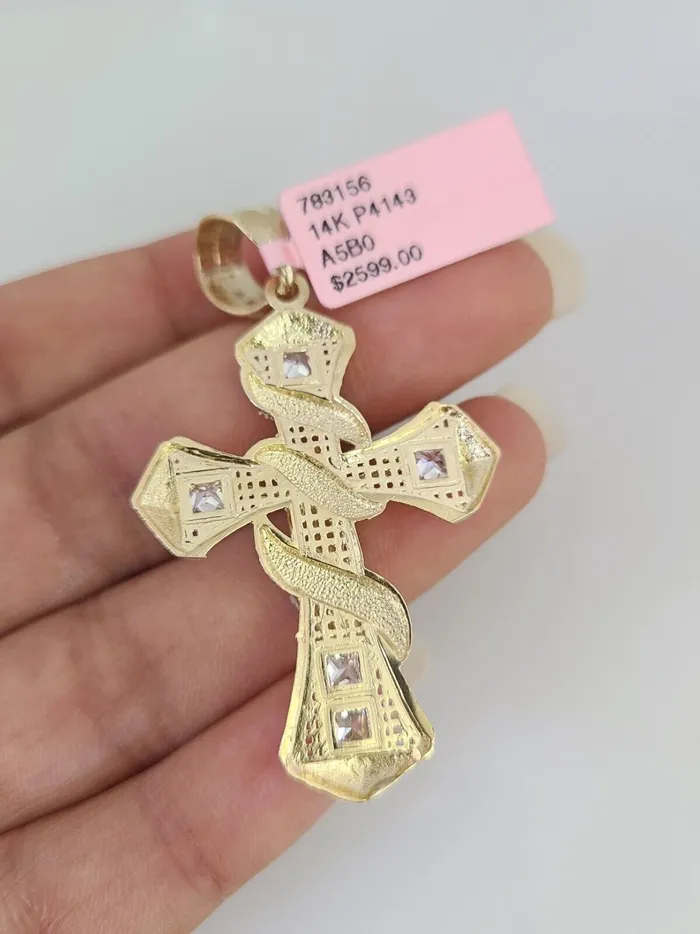 Necklaces Gold and Diamond Real 14k Solid Rope Chain Spiral Cross Charm Gold Set 4mm 1830 Necklace