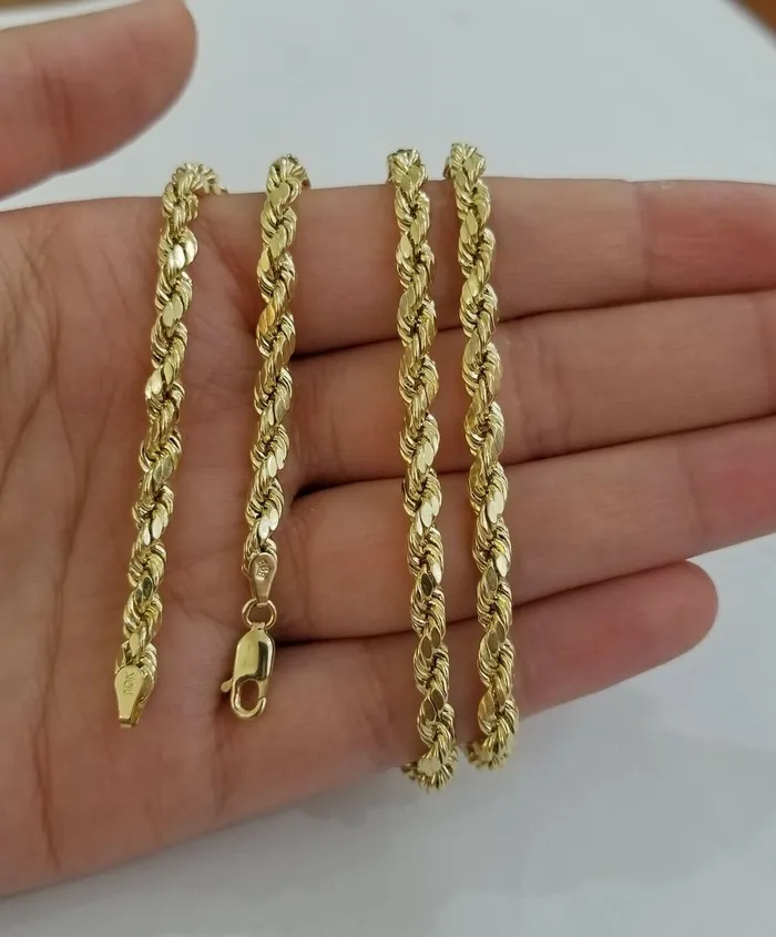 PreStyled Sets 10k Yellow Gold Rope Chain 4mm 1826 Inch Real Gold 10kt All Sizes Gold and Diamond