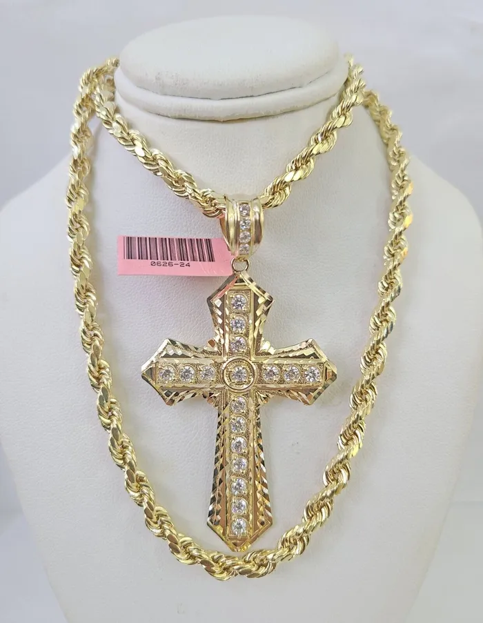 Real 14k Rope Chain Jesus Cross Charm Set 6mm 1828 Necklace Yellow Gold Gold and Diamond Necklaces Real 14k Rope Chain Jesus Cross Charm Set 6mm 1828 Necklace Yellow Gold Gold and Diamond Necklaces