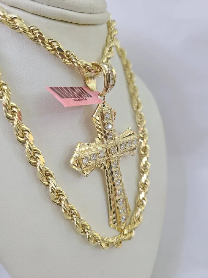 Real 14k Rope Chain Jesus Cross Charm Set 6mm 1828 Necklace Yellow Gold Gold and Diamond Necklaces