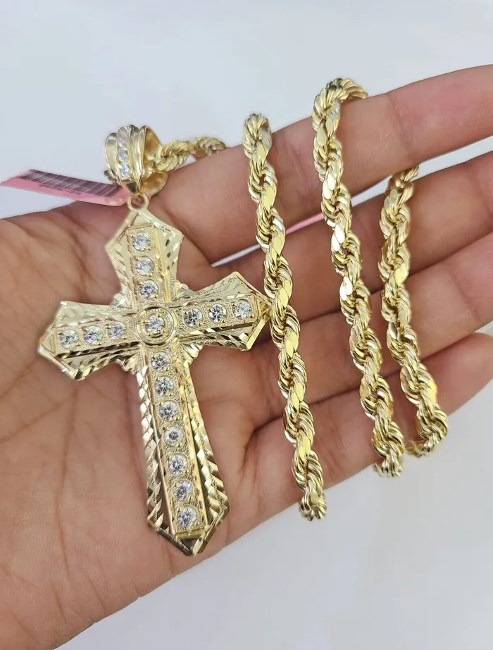 Real 14k Rope Chain Jesus Cross Charm Set 6mm 1828 Necklace Yellow Gold Gold and Diamond Necklaces