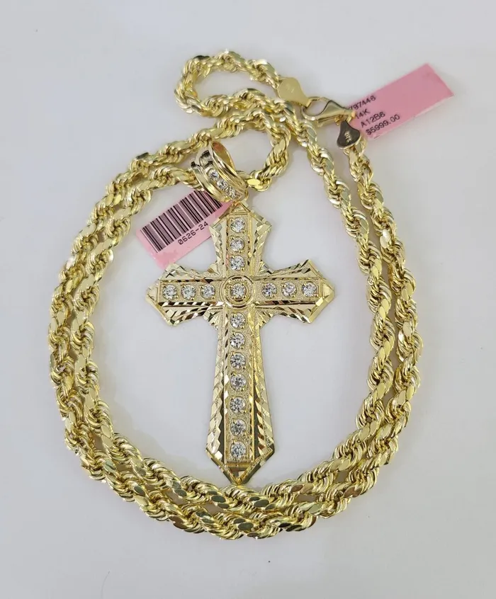 Real 14k Rope Chain Jesus Cross Charm Set 6mm 1828 Necklace Yellow Gold Gold and Diamond Necklaces
