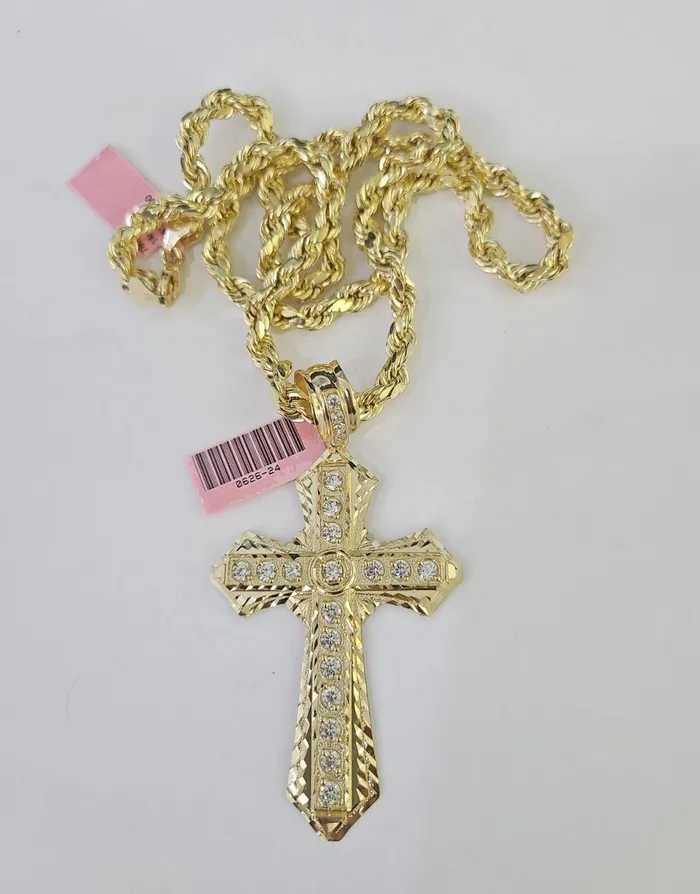 Real 14k Rope Chain Jesus Cross Charm Set 6mm 1828 Necklace Yellow Gold Gold and Diamond Necklaces
