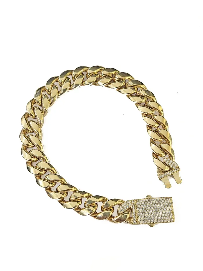 Real 14K Yellow Gold Miami Cuban Bracelet 8 Inch 11 mm 14K CZ Stone Box Clasp Gold and Diamond Bracelets