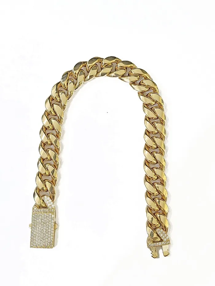 Real 14K Yellow Gold Miami Cuban Bracelet 8 Inch 11 mm 14K CZ Stone Box Clasp Gold and Diamond Bracelets