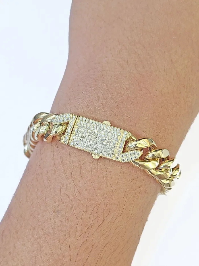 Real 14K Yellow Gold Miami Cuban Bracelet 8 Inch 11 mm 14K CZ Stone Box Clasp Gold and Diamond Bracelets