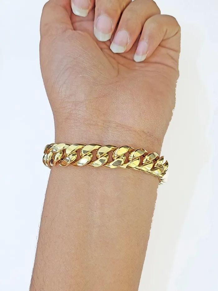 Real 14K Yellow Gold Miami Cuban Bracelet 8 Inch 11 mm 14K CZ Stone Box Clasp Gold and Diamond Bracelets