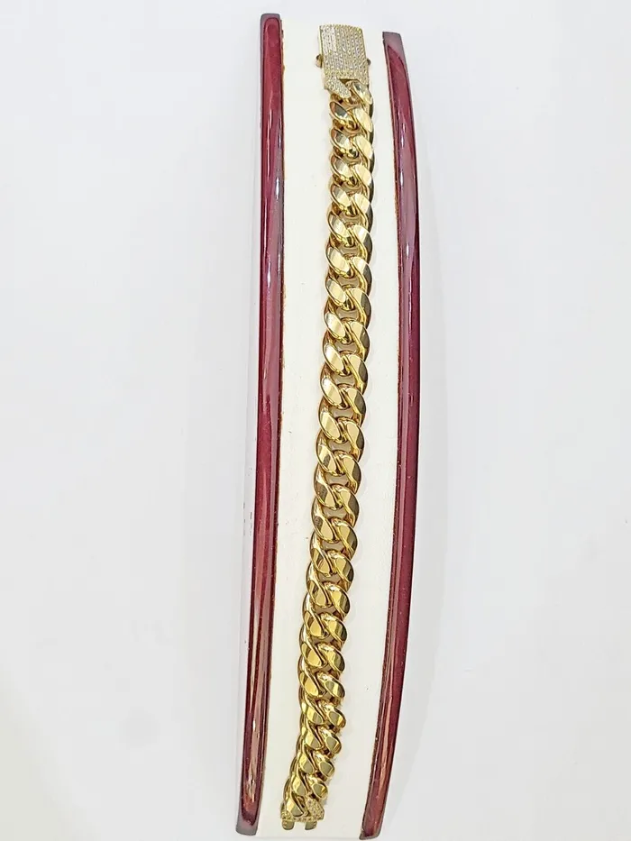 Real 14K Yellow Gold Miami Cuban Bracelet 8 Inch 11 mm 14K CZ Stone Box Clasp Gold and Diamond Bracelets