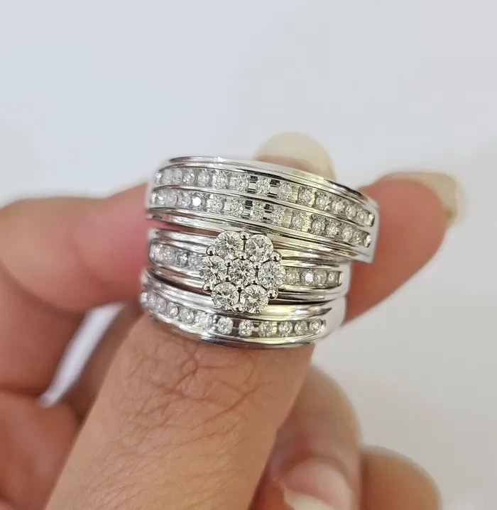 Rings Gold and Diamond REAL 14k White Gold Diamond Ring Ladies Men Trio SET Wedding Engagement Genuine Rings Gold and Diamond REAL 14k White Gold Diamond Ring Ladies Men Trio SET Wedding Engagement Genuine