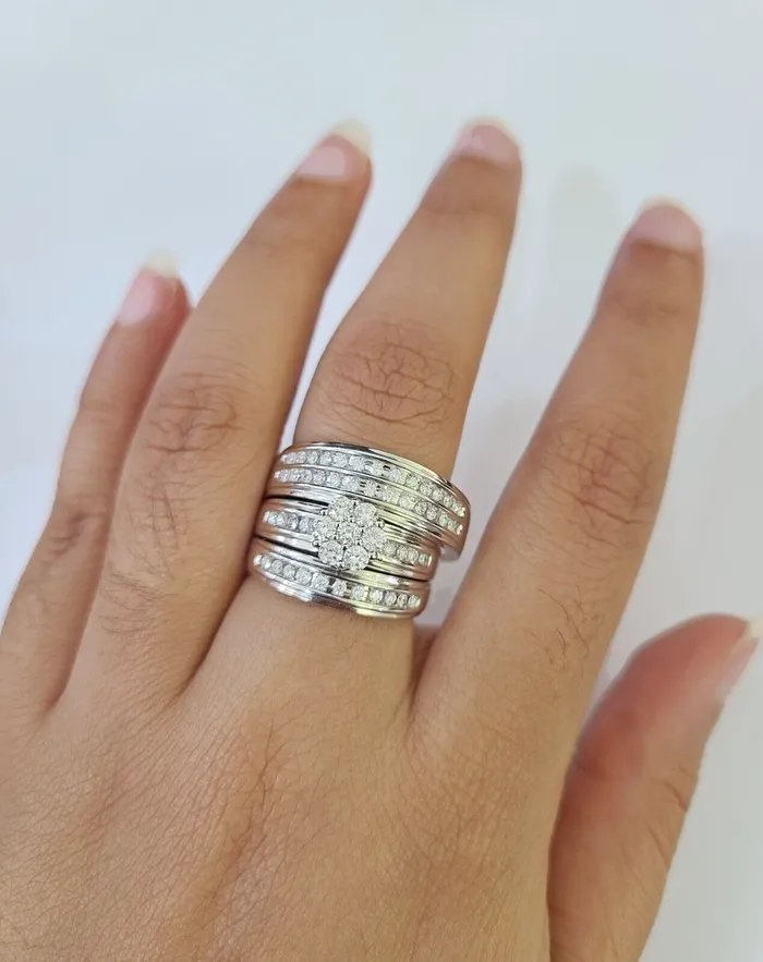 Rings Gold and Diamond REAL 14k White Gold Diamond Ring Ladies Men Trio SET Wedding Engagement Genuine