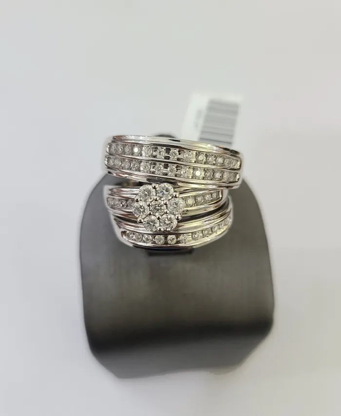 Rings Gold and Diamond REAL 14k White Gold Diamond Ring Ladies Men Trio SET Wedding Engagement Genuine