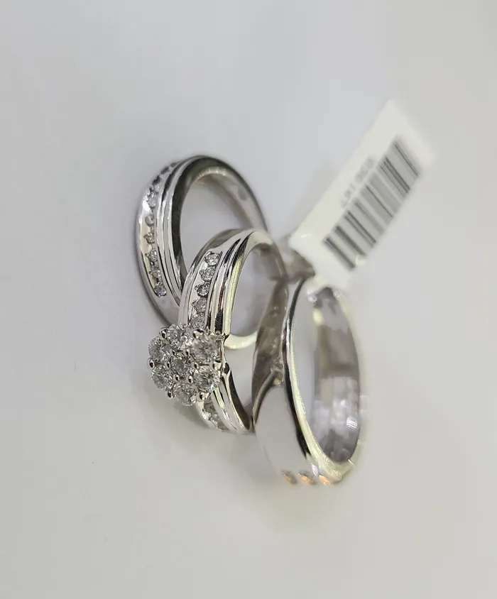 Rings Gold and Diamond REAL 14k White Gold Diamond Ring Ladies Men Trio SET Wedding Engagement Genuine