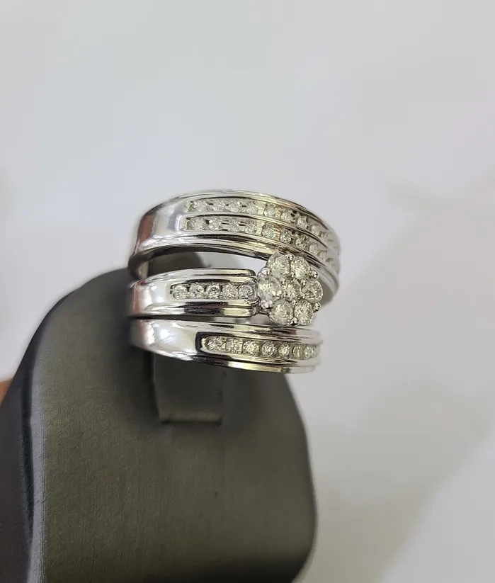 Rings Gold and Diamond REAL 14k White Gold Diamond Ring Ladies Men Trio SET Wedding Engagement Genuine