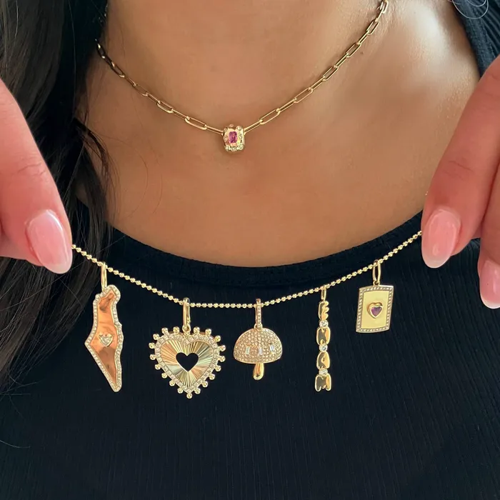 Alev Collection Charm Necklaces Fluted Spike Heart Pave Charm