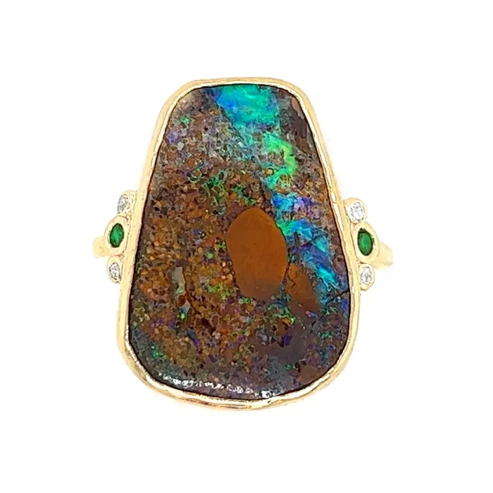Emily Amey Jewelry Rings Australian Boulder Opal With Diamonds Tsavorites Ring in 14k gold Emily Amey Jewelry Rings Australian Boulder Opal With Diamonds Tsavorites Ring in 14k gold