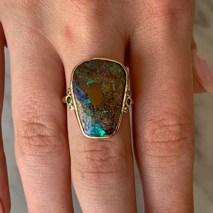 Emily Amey Jewelry Rings Australian Boulder Opal With Diamonds Tsavorites Ring in 14k gold